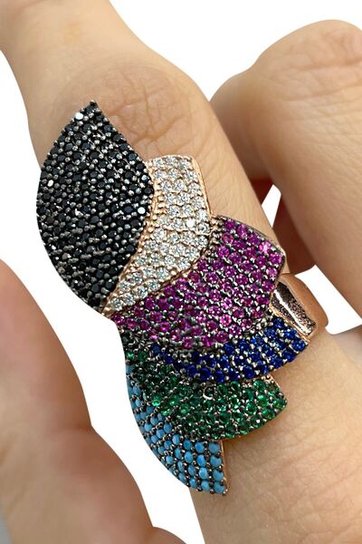 SUNSHINE 925 Ayar Gümüş Ayarlanabilir Mix Zirkon Taşlı Çiçek Yüzük