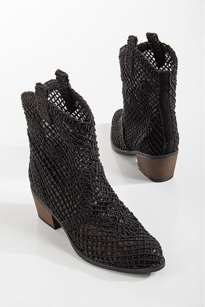SEEM & BE Black Lace Lotus Fabric - Summer Western Cowboy Γυναικείες Μπότες