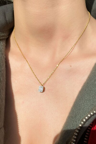 SUNSHINE 925 Ayar Gold Kaplamalı Beyaz Baget Taşlı Gümüş Kolye