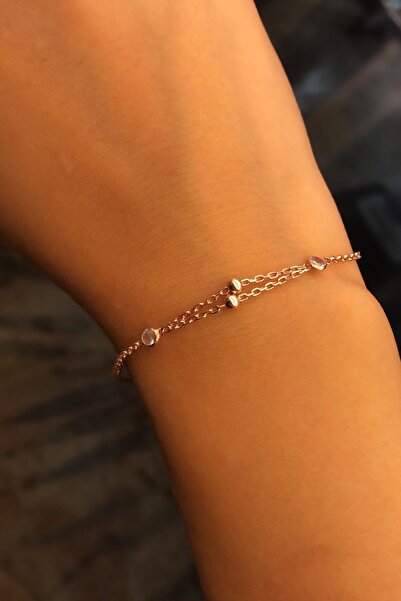 SUNSHINE 925 Ayar Rose Kaplamalı Beyaz Taşlı Ortası Çift Zincirli Gümüş Bileklik