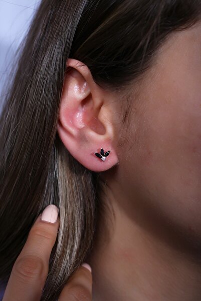 SUNSHINE 925 Ayar Rose Kaplamalı Siyah Markiz Taşlı Minimal Tasarım Gümüş Küpe