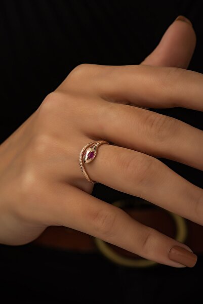 SUNSHINE 925 Ayar Rose Kaplamalı Ruby Gözlü Yılan Gümüş Yüzük