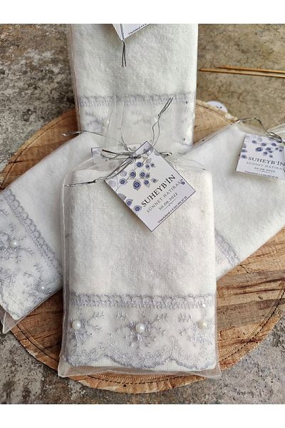 havlu dünyası 12-Piece Lace Tulle Pouch Gift Ecru Color Gray Lace Velvet Kitchen Towel (30×50 cm)