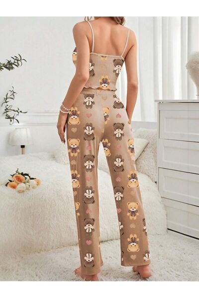 Cesur Kadın Askılı Uzun Pijama Takımı CoffeeWithMilkBear1
