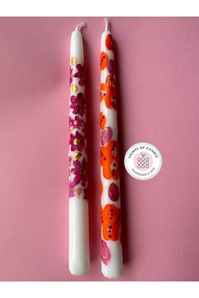 lıghts of candle handmade & 2020 2’li Çiçek Desenli El Boyaması Şamdan Mum