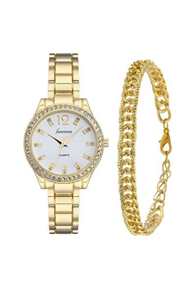 Forentina Gold Metal Kol Saati-gold Zincir Bileklik Kombin Set Ps3770