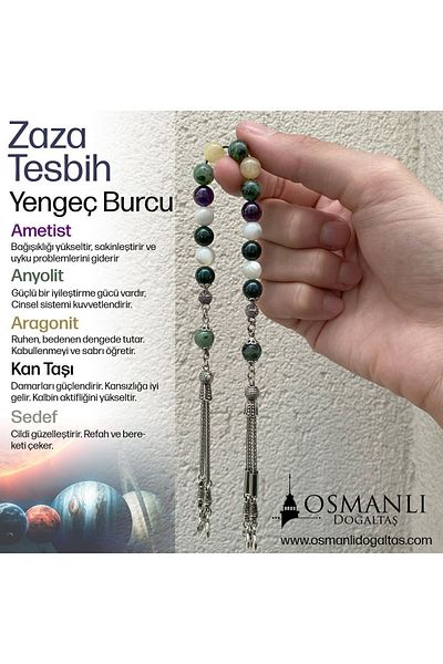 OSMANLI DOĞAL TAŞ Zaza Rosary - Natural Stoned Crab Sign, Amethyst, Anylite, Aragonite and Blood Stone