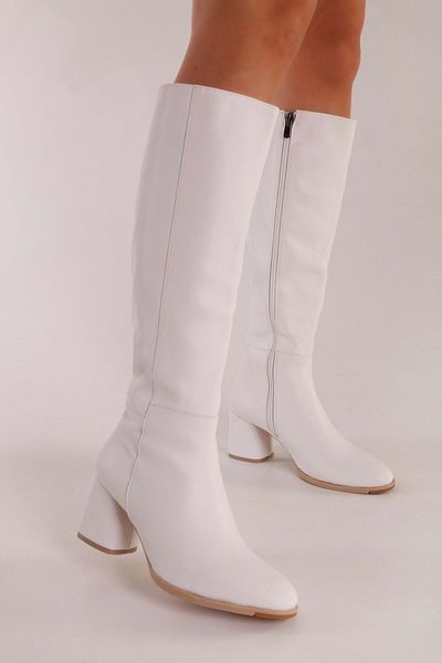 Shoeberry Γυναικείες μπότες Kiella White Skin με τακούνι Λευκό δέρμα