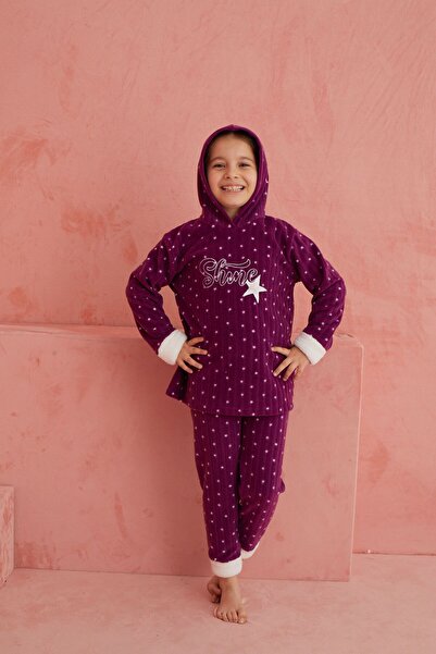 ELİTOL Mor Shine Yıldız Desenli Bisiklet Yaka Peluş Polar Pijama Takım
