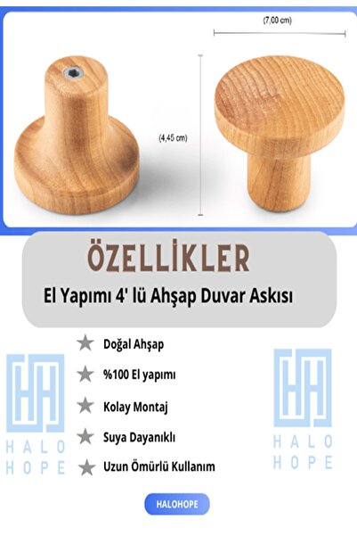 halohope 4'lü El Yapımı Ahşap Duvar Askısı - Dekoratif ve Şık Tasarım