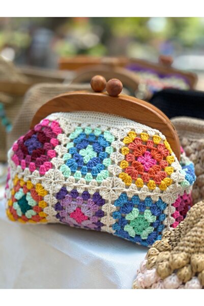 Bunibag Renkli motifli ahşap burslu çanta