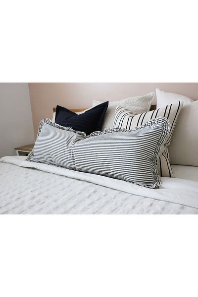 shules collection Natural Gray Frilly Vintage Striped Long Throw Pillow - 40X100 (Inside Filled)