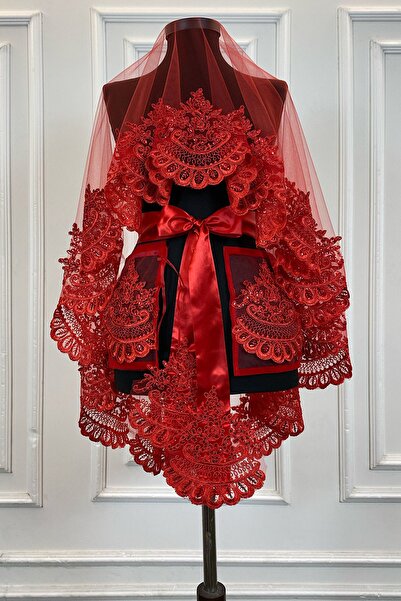 ZEYMERADE طقم حجاب زفاف أحمر، جبر لامع، حجاب ليلي مطرز بالحناء، حجاب للرأس 6 قطع