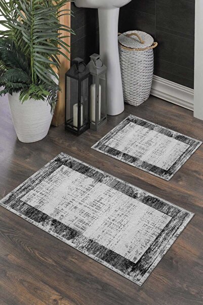 SÜNGERSAN Anthracite Modern Runner - Antique Patterned, Gray Framed, Washable Carpet