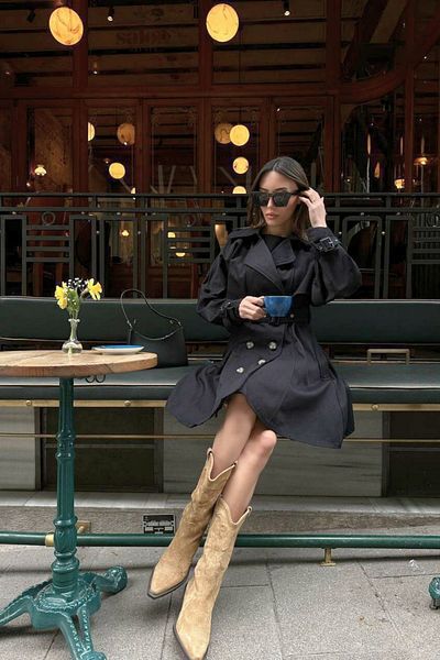 FMN Moda Gabardine Fabric - Equivalent Trench Coat with Bat Sleeve and Belt, Pinterest Model, Loose Fit