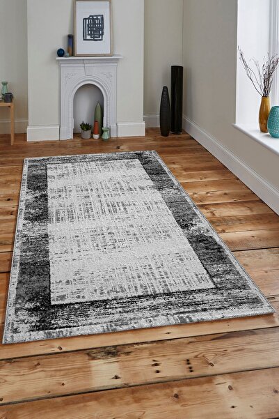 SÜNGERSAN Anthracite Modern Runner - Antique Patterned, Gray Framed, Washable Carpet