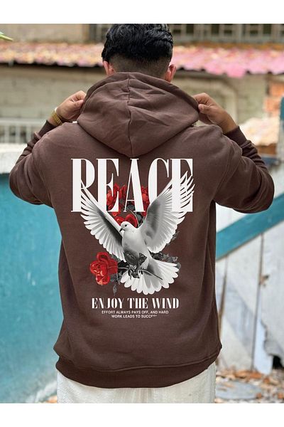 DEEPSENCE Φούτερ με μοτίβο PEACE Dove Unisex Oversize - Καφέ με κουκούλα
