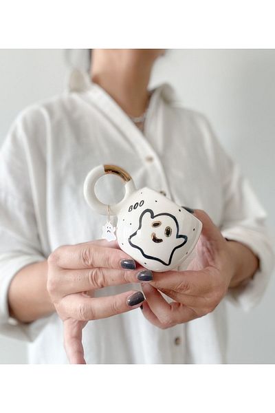 Mugtasarım 24K Gold Ceramic Ghost - Gilded Double Turkish Coffee Cup, Halloween and Halloween Day