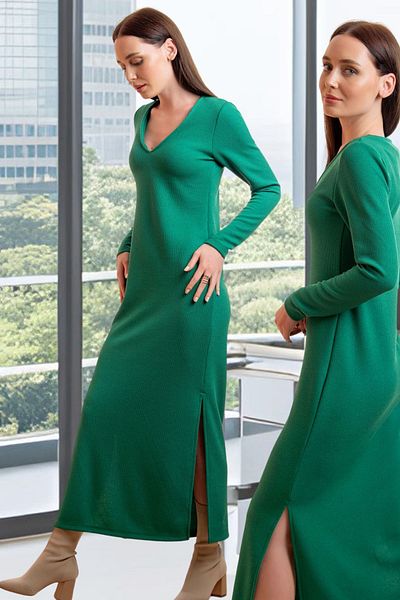 Laranor Green V-Neck Ribbed Camisole Dress - Slit Detail