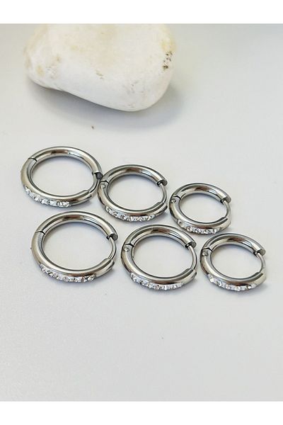 KOALA COMPANY TRIPLE SET STEEL SILVER COLOR ZIRCON STONE RING EARRING 12 MM - 15 MM - 18 MM