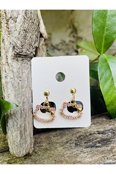 Hello Kitty Pembe taşlı HELLO KİTTY klipsli çocuk küpesi - DELİKSİZ KULAKLAR İÇİN KÜPE