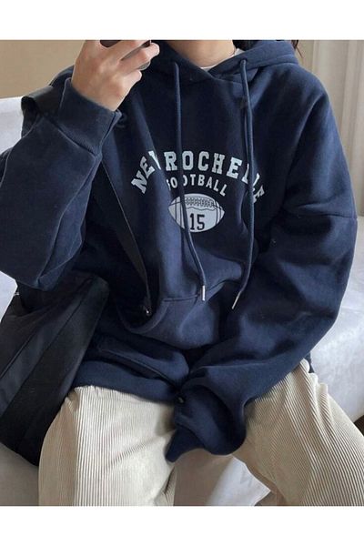 NoVibe Rochelle Printed Navy Blue Oversize Hooded Sweatshirt