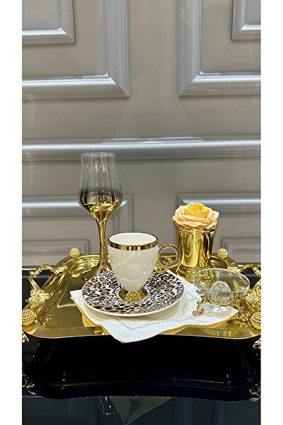 ACAR Leopar Desen Gold Kahve Fincan Takımı