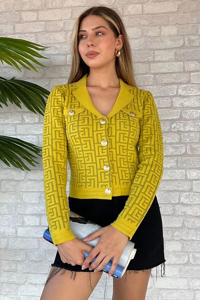 GÜLSELİ Patterned Oil Green Knitwear Cardigan