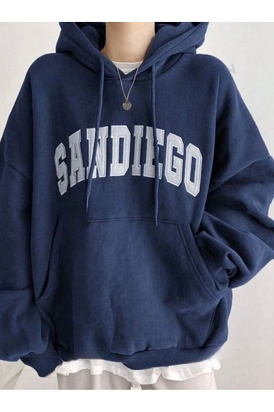 NoVibe Sandıego Printed Navy Blue Hooded Sweatshirt