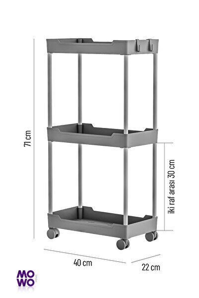 Mowo Home Mowo 3 Katlı Gri Tekerlekli Banyo Rafı, Mutfak Rafı, Havluluk, Deterjanlık Makyaj Organizer Vesken