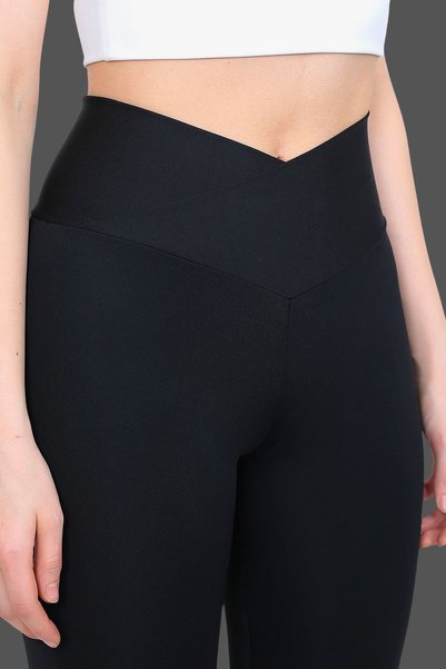 MAXFIT Women's Black Flared Leg High Waist Cross Belt Leg Slit Flare Leggings Pants