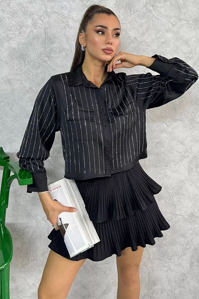 GÜLSELİ Cămașă de damă din satin negru cu detaliu în piatră - Buzunar dublu
