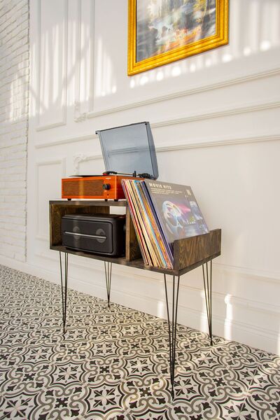 Zecir Ahşap Pikap Sehpası, Ahşap Plak Çalar Standı, Plak Dolabı