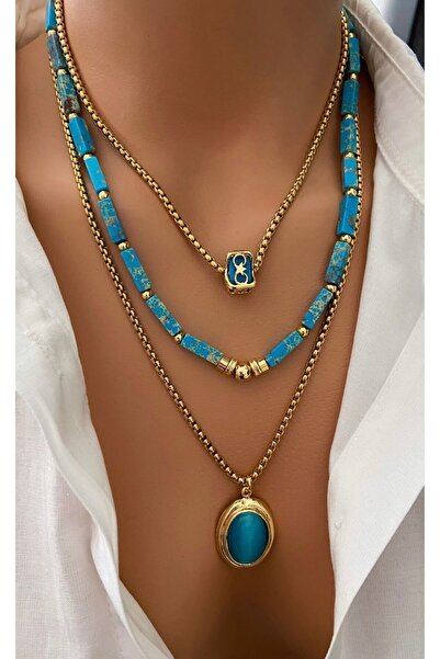 TARZ-I TAKI (ÜÇ KOLYE) Doğal Taş Mavi Çubuk Firuze Çelik Zincir Altın Kaplama Çerçeveli Taş Uç Kadın Kolye