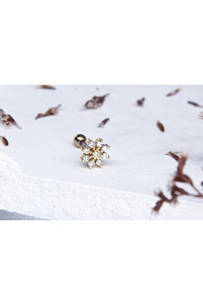 Tasarım Cerrahi Çelik Çiçek Model Gold Taşlı Tragus Helix Conch Uyumlu Piercing