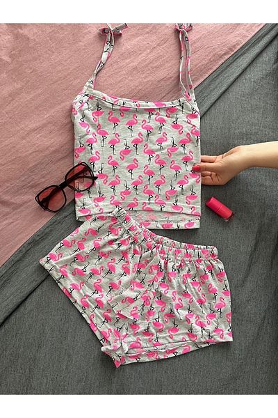 IŞILTI Set de pijamale și pantaloni scurți cu model flamingo