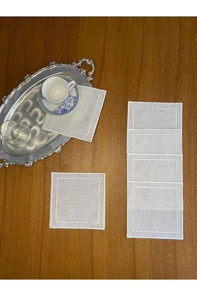 Smiling Home 6 Pieces Gardenia Linen Ecru Color Stylish Double Embroidery Embroidered Square Cocktail Presentation Napkin