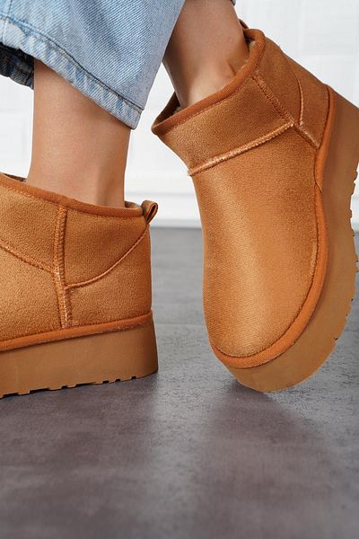 Moda Pie Tan Suede Γυναικείες Μπότες - Με Παχιά Σόλα και Εσωτερική Γούνα
