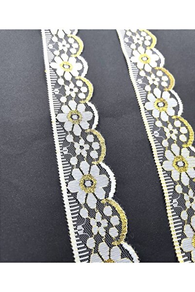 FASHİON DANTEL Lycra Free Nylon Lace 5.0 cm Width 5 Mt Black Gold and White Gold Color Glitter Lace Edge Model