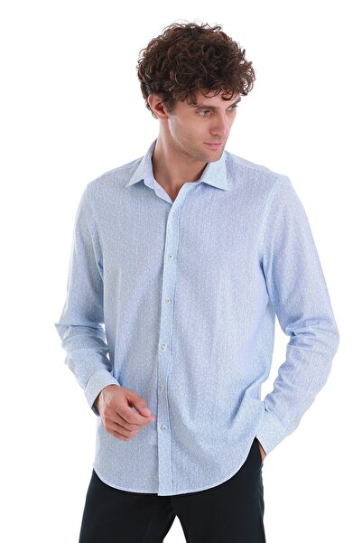 Hatemoğlu Mavi Comfort Fit Baskılı Slim Yaka Uzun Kollu Spor Gömlek