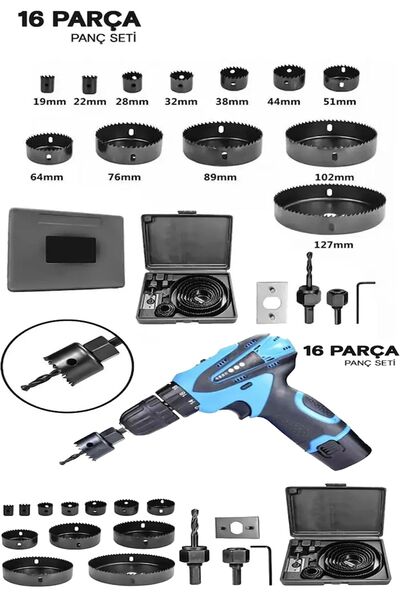 MOONSHOP Profesyonel 16 Parça Panç Seti Kartonpiyer Sunta Alçıpan Delici Testere Takımı Kartonpiyer Açma