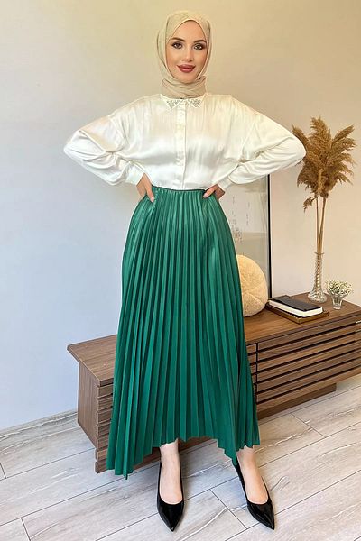 julude Σμαραγδένια Πράσινη Πλισέ Φούστα Hijab - Ελαστική μέση