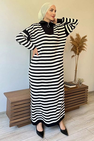 julude Hijab Ριγέ Μαύρο Κρεμ Πλεκτό Γυναικείο Φόρεμα - Μισό Φερμουάρ