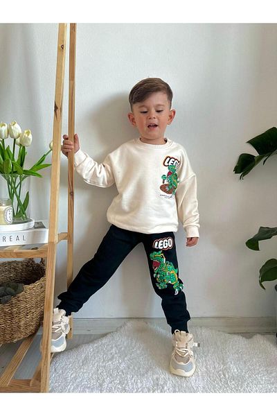 öykümgaleria Dinosaur Printed 3 Thread Fabric Top and Bottom Set for Boy