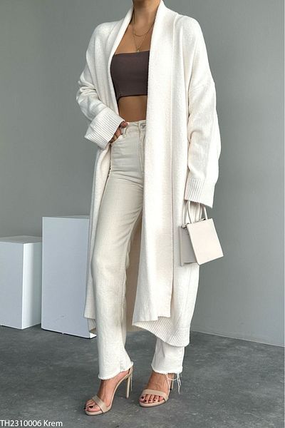 Lupies Cardigan lung de tricotaj cu guler crem pentru femei