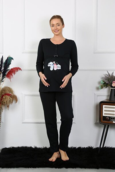 Akbeniz Black Maternity and Maternity Pajamas Set - Long Sleeve 45501