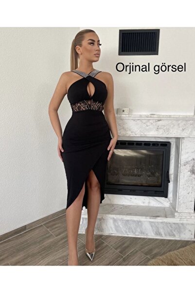 LAST POINT LİFE Women's Stone and Lace Detailed Evening Dress