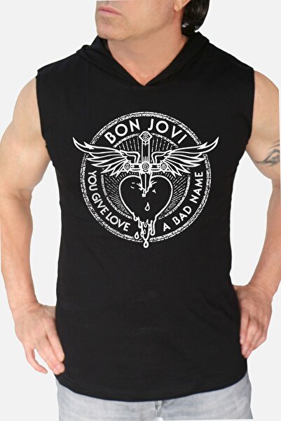 ROCKANDROLL تي شيرت رجالي أسود بغطاء للرأس بدون أكمام من Winged Dagger