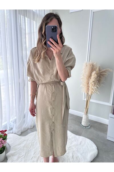 Butik Belden Bağlamalı Elbise-Bej
