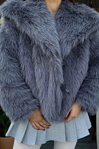 GÜLSELİ Γυναικείο παλτό Anthracite - Λεπτομέρεια από πέτο και γούνα, με επένδυση